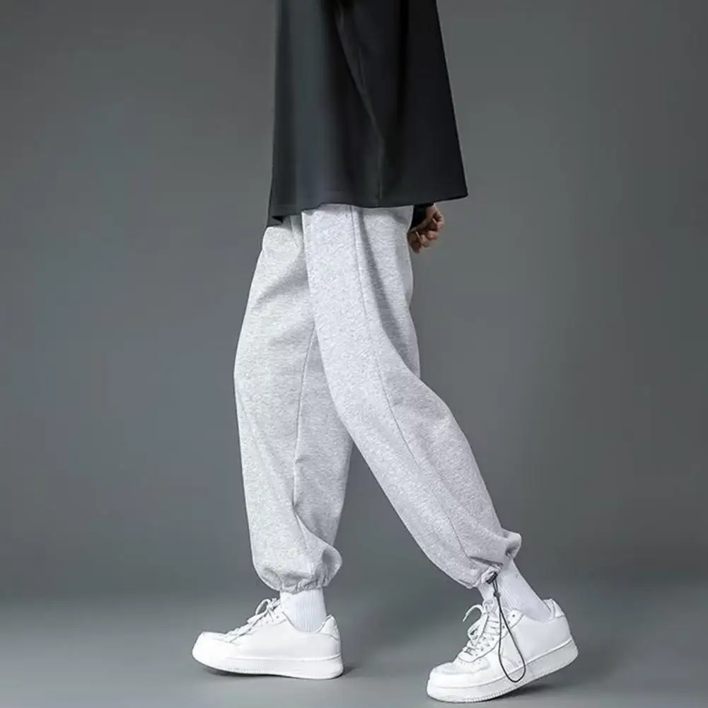 Casual Drawstring Pants Men's Drawstring Hem Wide Leg Pants Street Style Sport Trousers for Spring Fall Elastic Waist Slacks