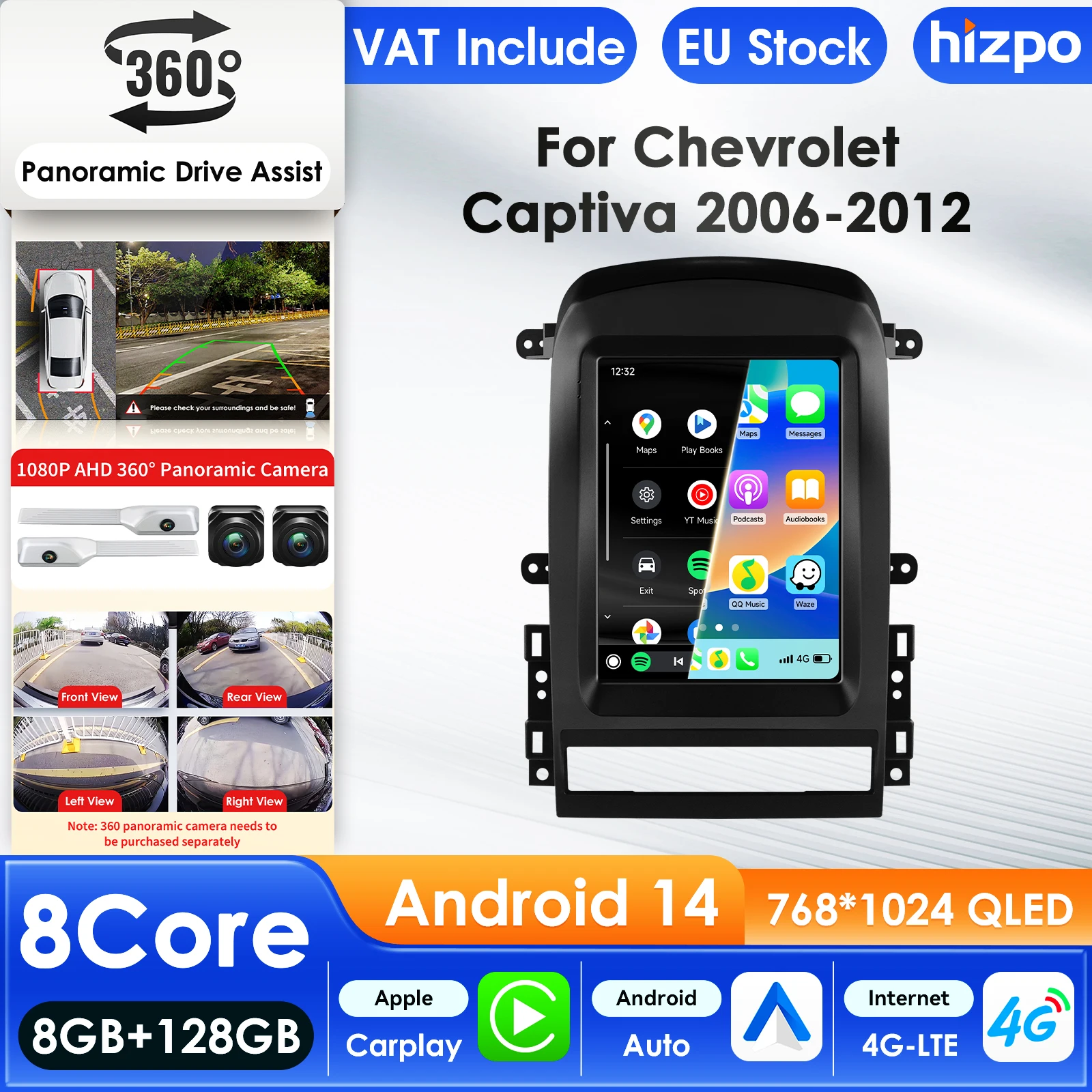Radio para Auto Hizpo para Chevrolet Captiva Sport 2006-2012, Reproductor Multimedia con CarPlay, Android Auto, GPS, WIFI, FM, RDS, Autoradio, IA