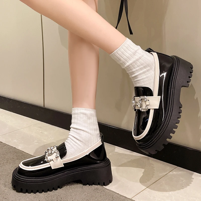 Shiny Rhinestone Chunky Platform Loafers Women Mix Color Thick Bottom PU Leather Shoes Woman 2023 Autumn Non-Slip Casual Flats