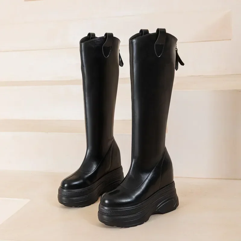 Women\'s Boots Genuine Leather New 11cm Heel High Platform Internal Heightened Boots Women\'s Fashion High Heel Boots Women
