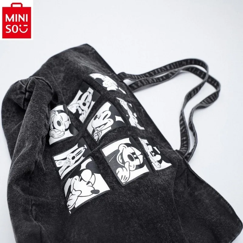 MINISO 2024 New Women's Fashion High Quality Canvas Tote Bag Cute Cartoon Mickey Print Large Capacity Casual Storage Bag