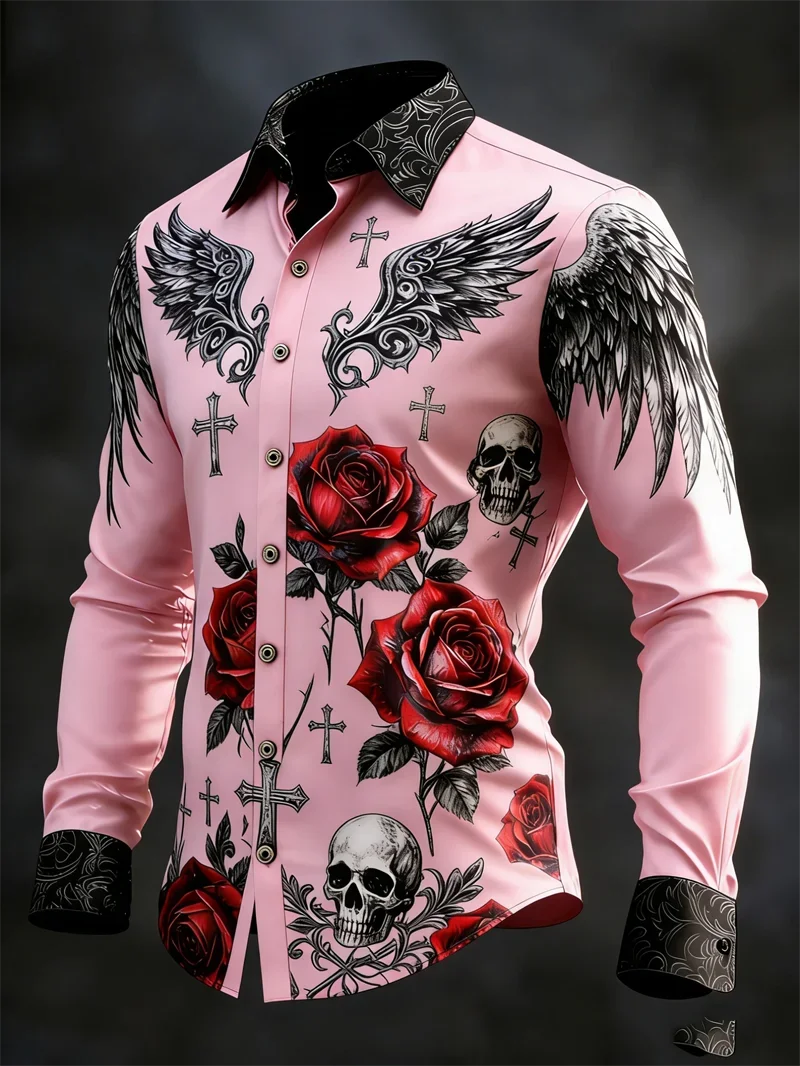 Gothic Dark Style Long Sleeve Shirt 3D Skull Red Rose Wing Cross Print Turn‑Down Collar Button‑Up Halloween Party Casual Shirts
