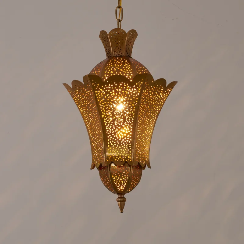 

Vintage Retro Classical Moroccan Pendant Lights Gold Lustre Hollow Carved Hanging Lamp Restaurant Hotel Homestay Villa