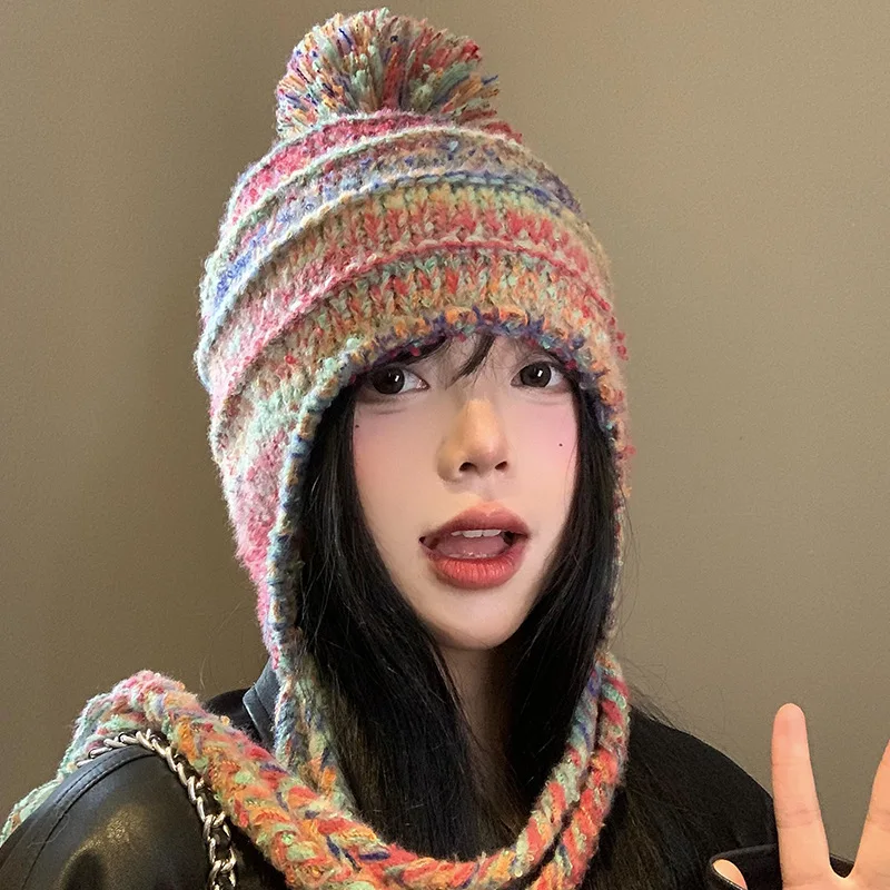 New Japanese Gradual Change Color Tassel Braid Strap Knitted Hat Women's Winter Warm Ear Protection Big Head Skull Beanie Cap