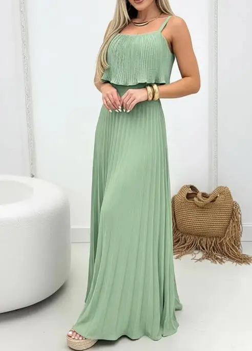 فساتين نسائية جديدة أشرطة سباغيتي مطوي تراكب تصميم فستان كامي عادية Cinched الخصر Shirred الظهر مطوي فستان عطلة