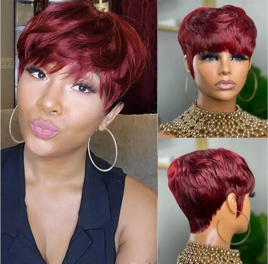 Red Burgundy 99J Color Short Bob Pixie Cut Wig With Bangs Straight 100% Remy Human Hair Wigs For Women Full Machine Made Wig