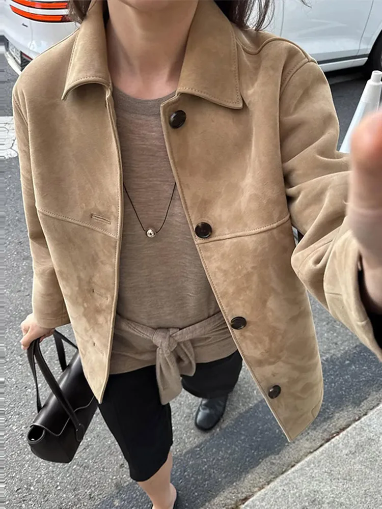 Однобортная женская куртка с длинными рукавами, однотонные свободные пальто с лацканами, повседневные уличные женские минималистичные осенне-зимние куртки