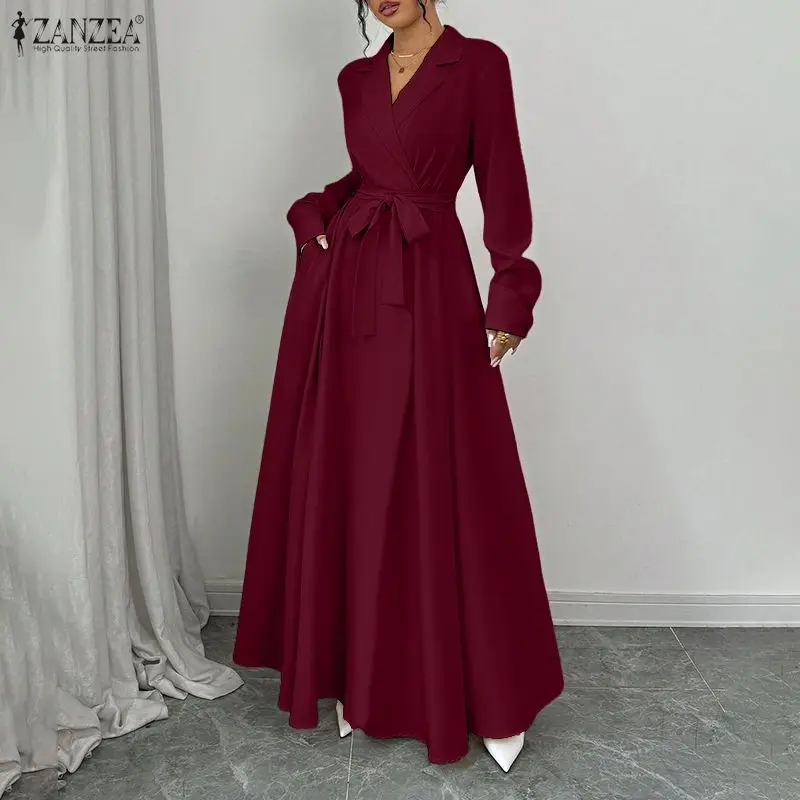 ZANZEA Damen Maxikleider im Fit-and-Flare-Stil, elegantes Wickelkleid mit Reverskragen, langen Ärmeln und Gürtel, für Büro und Pendeln, Damenbekleidung, S-3XL