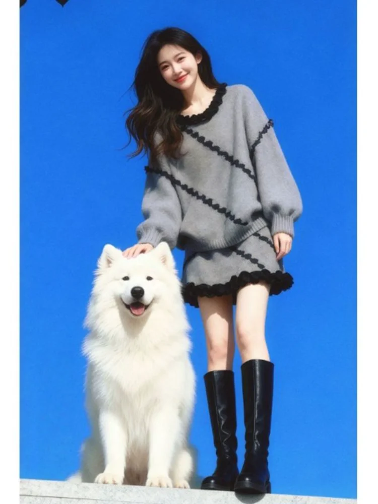 Doce preguiçoso sle camisola de malha feminina e saia ort conjunto de duas peças casual confortável ajuste outono inverno faion ensemble