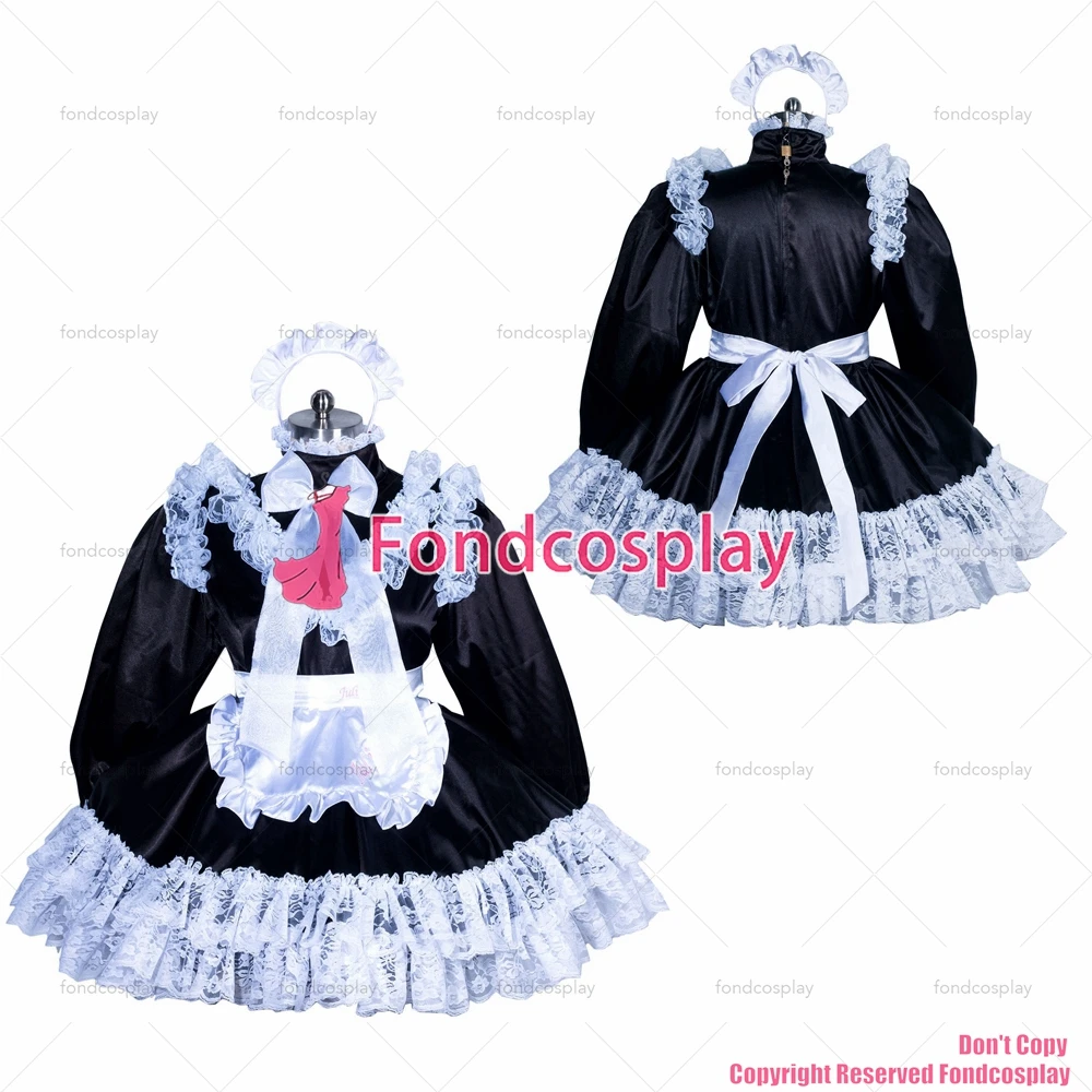 

fondcosplay adult sexy cross dressing sissy maid short French lockable black satin dress white lace unisex CD/TV[G3876]