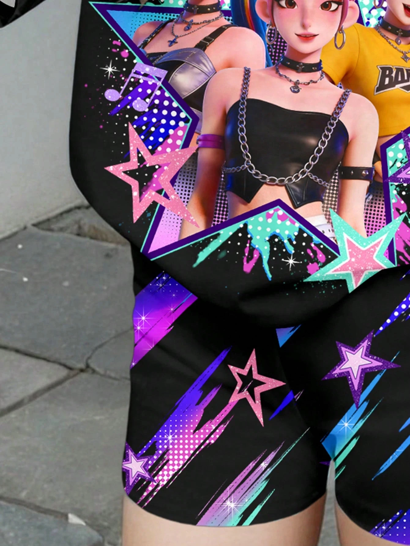 Zweiteiliges Set aus kurzärmligem Oberteil und Shorts im K-Pop-Cartoon-Stil für Mädchen in Schwarz und Pink – Detail 4