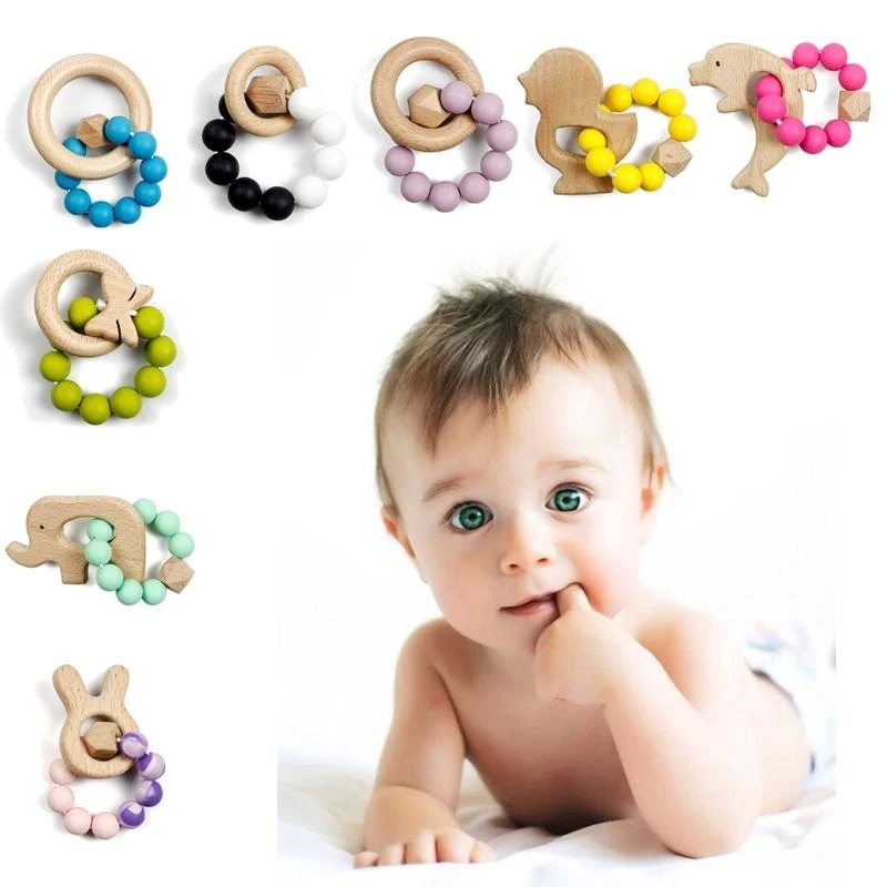 

J15U Baby Silicone Beads Teether Wooden Ring Bracelet Teething Chewing Nursing Soother Molar for Newborn Infants