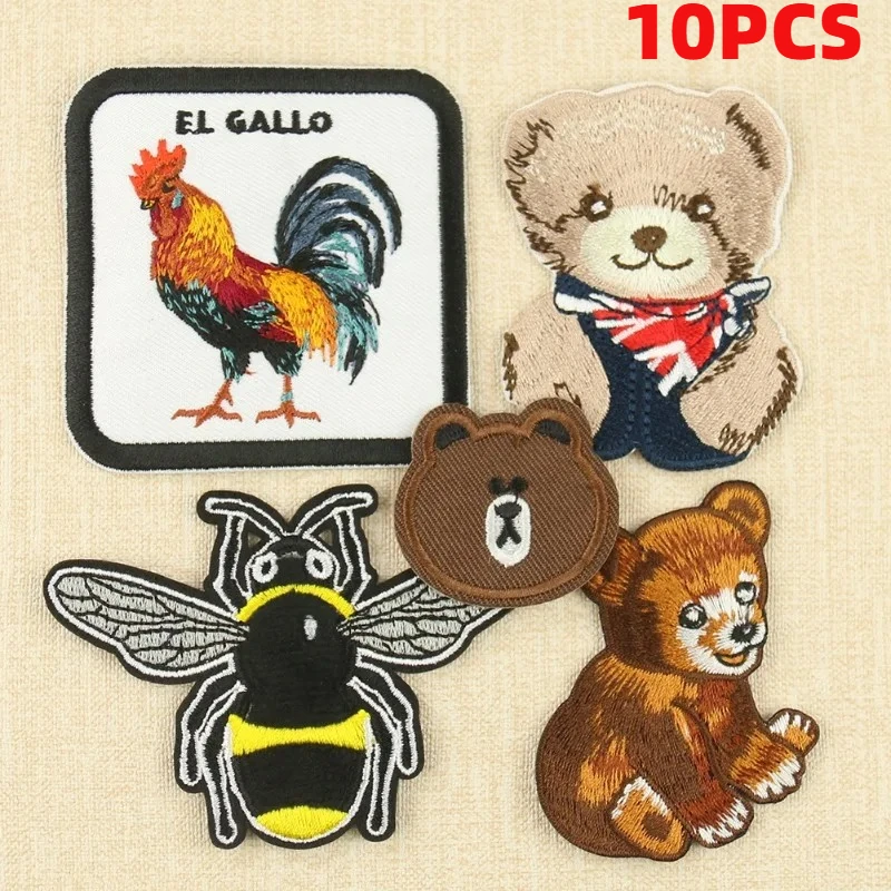 

10PCS Embroidery Cloth Sticker, Cartoon Animal Bear Bee Adhesive Patch Clothing Accessories DIY Embroidery Badge
