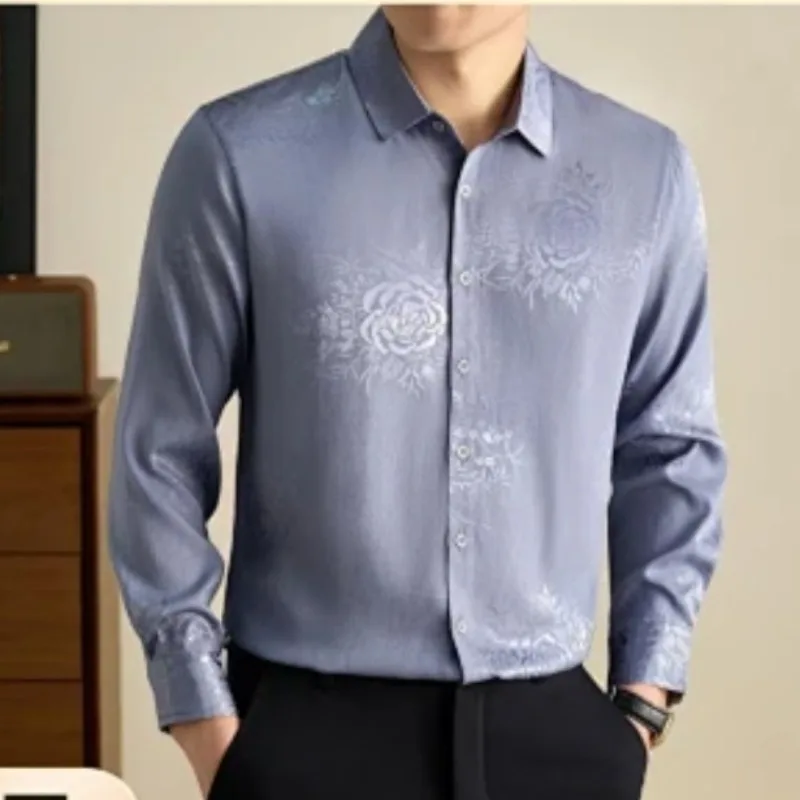 Men Luxury Jacquard Floral Long Sleeve Shirt Wrinkle Resistant Non Iron Autumn Casual Middle Aged Dress Shirt