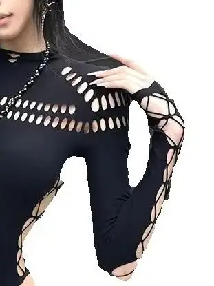 

Korejpaa American Retro Rompers Spicy Girl Mesh Elastic Hollow Out Women Summer New Sexy Long Sleeved Top Ins Bodysuit Clothes
