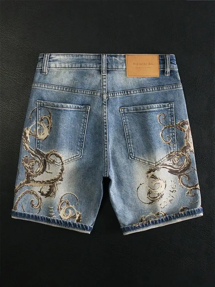 Elastic Design Personalized Trendy Shorts Denim Shorts Jeans Men Summer Thin Printed Denim Shorts For Men Slim Fit Moda Hombre