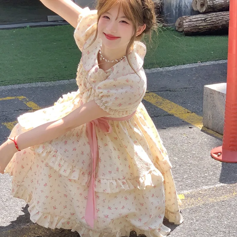 Sweet Dresses for Women Peter Pan Collar Summer Mini Printed Cute Girls Clothing Fashion Puff Sleeve Lace-up Ins College A-line