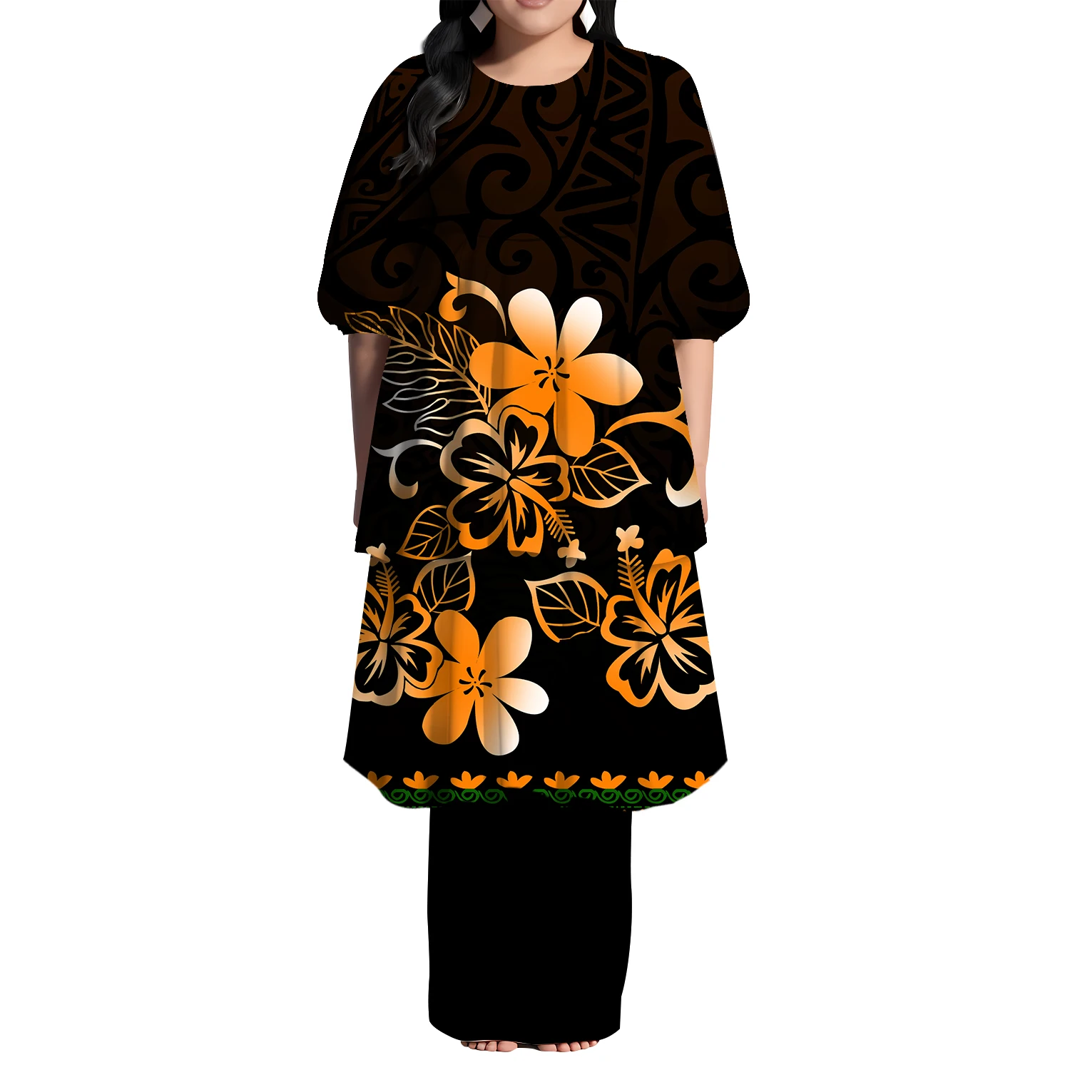 Recién llegado, vestido largo azul con volantes Puletasi, diseño personalizado de estilo Hawaiano, vestido de manga corta, vestido Tribal polinesio para mujer, 2 piezas