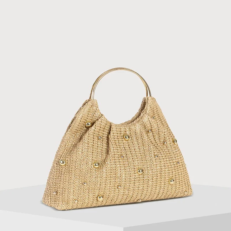 

Crochet Woven Bags Summer Travel Clutch Women's Bag Luxury Rivet Beach Bags for Women Handbag Metallic Round Handle Straw Bag