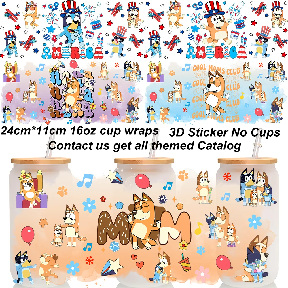 Cute Heeler Dogs UV DTF Wraps Paw Print Balloon Stickers for 16oz Glass Cans Waterproof Cute Cartoon Dog DIY Sticker Gift Decals