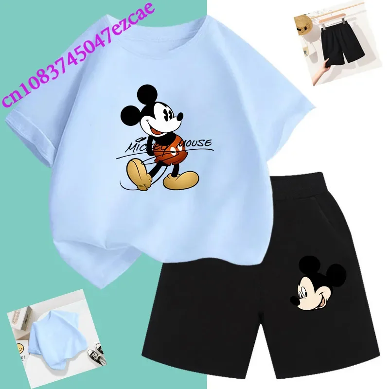 Disney Summer T-Shirt Children's Set Mickey Mouse t shirt Set Short Sleeves and Shorts Boys and Girls Cartoon Print Athletic Wea