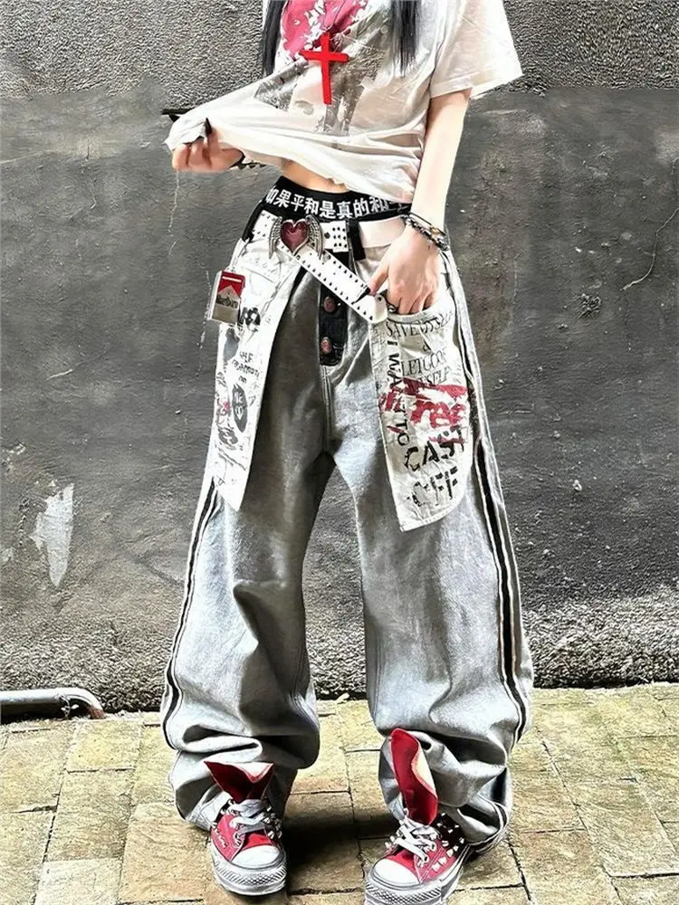

American Retro Print Large Pocket Straight Leg Loose Fit Slimming Wide Leg Jeans Unisex Street Style Casual Denim Trousers