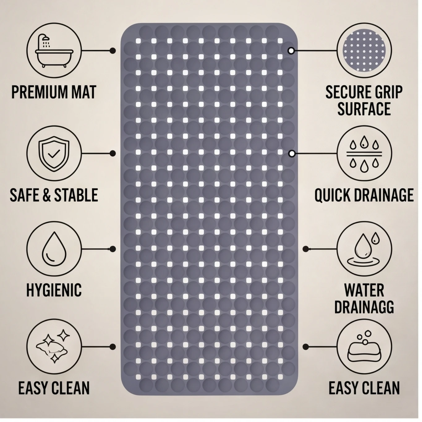 1-Pack 14in*27in Non-Slip Shower Mat, Features a Wavy Pattern with Silky-Smooth Texture for a Comfortable, Non-Irritating Touch, Bathtub Mat with Drain Holes & Suction Cups, Foot Massage Shower Rug, Bathroom Essentials for Home