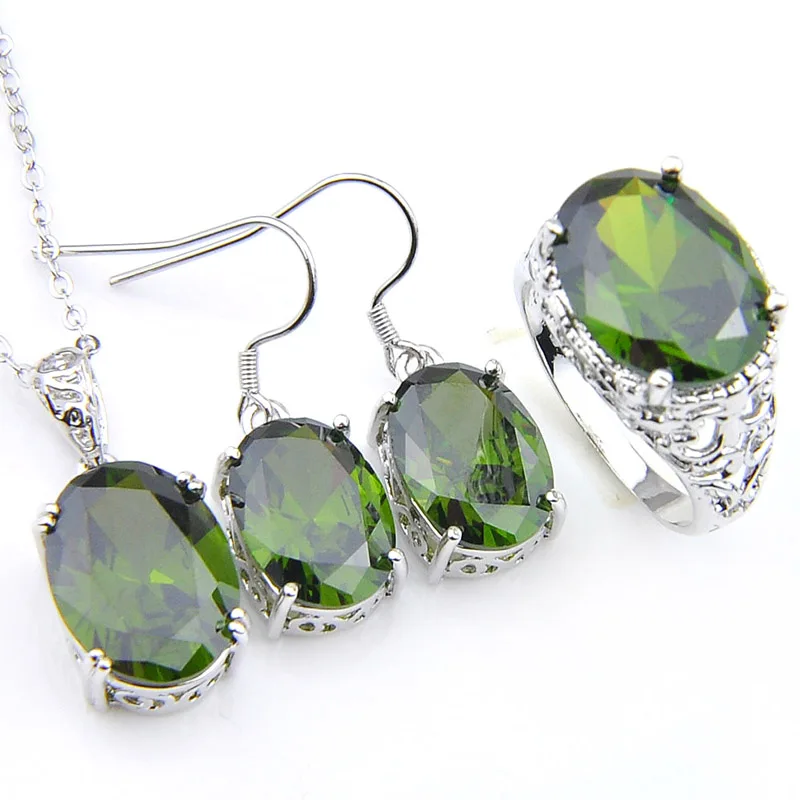 Luckyshine Jewelry Set Oval Shape Olive Peridot Gemstone Silver Pendant Necklace Dangle Earrings Rings