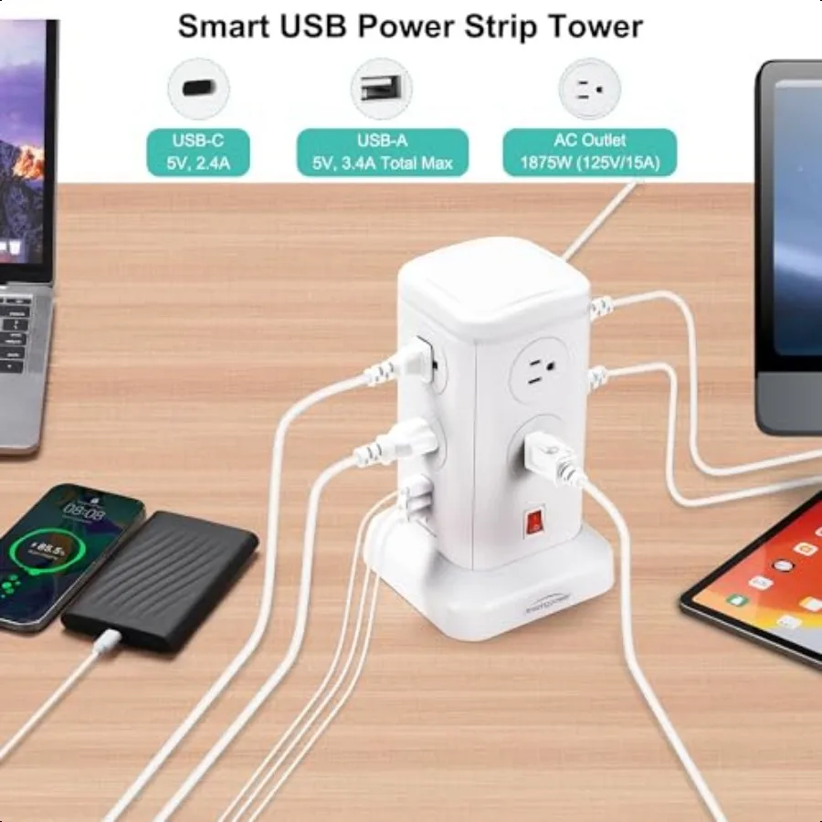 Protector contra sobretensiones de 6,5 pies, torre de regleta, 8 salidas de CA, 6 puertos USB, estación de carga multidispositivo con protección contra sobrecarga para el hogar