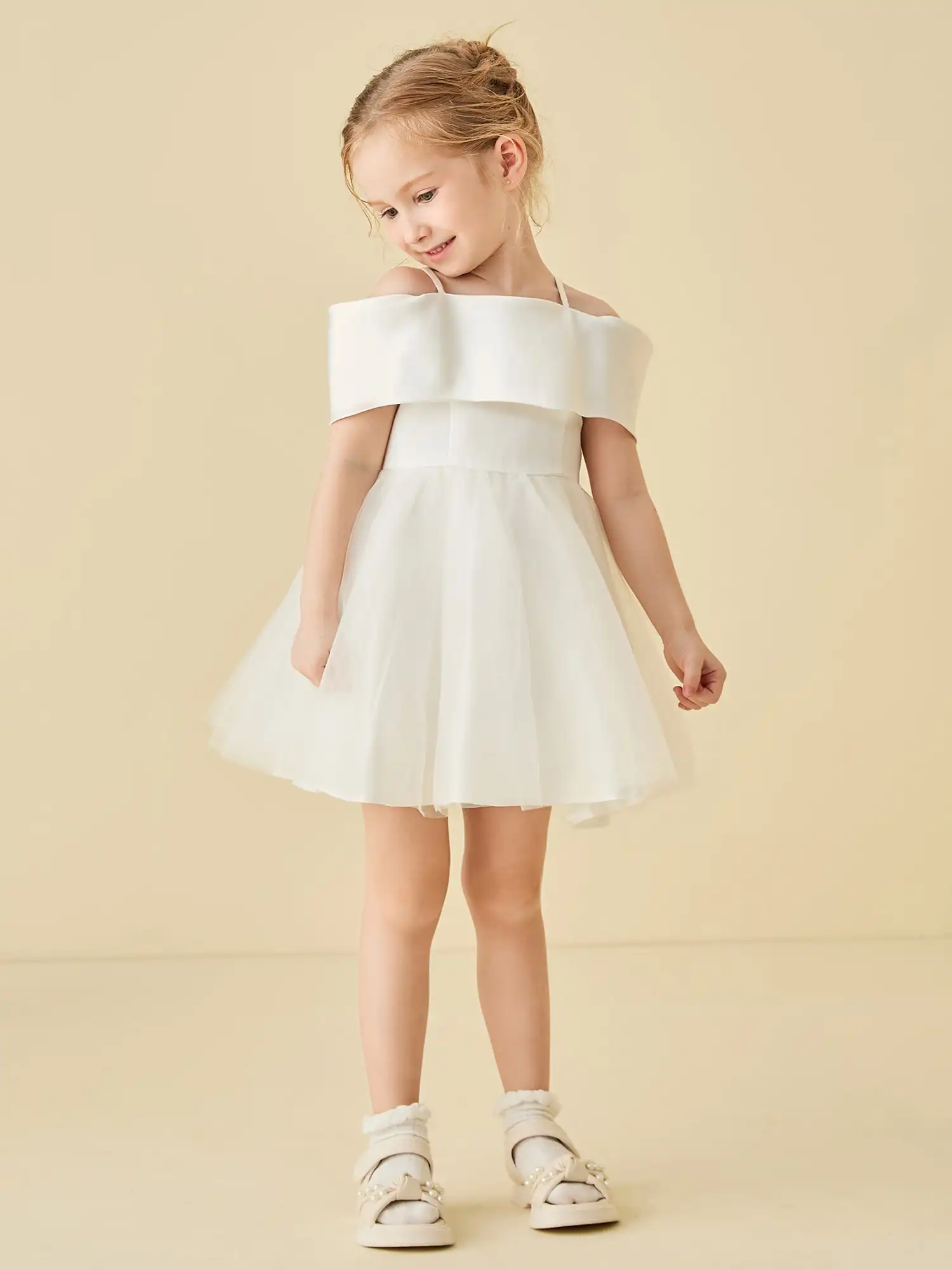 Mini vestido de flores con hombros descubiertos para niña, vestidos de boda de línea a con lazo, fruncidos, hasta la rodilla, vestidos de fiesta de cumpleaños para niños