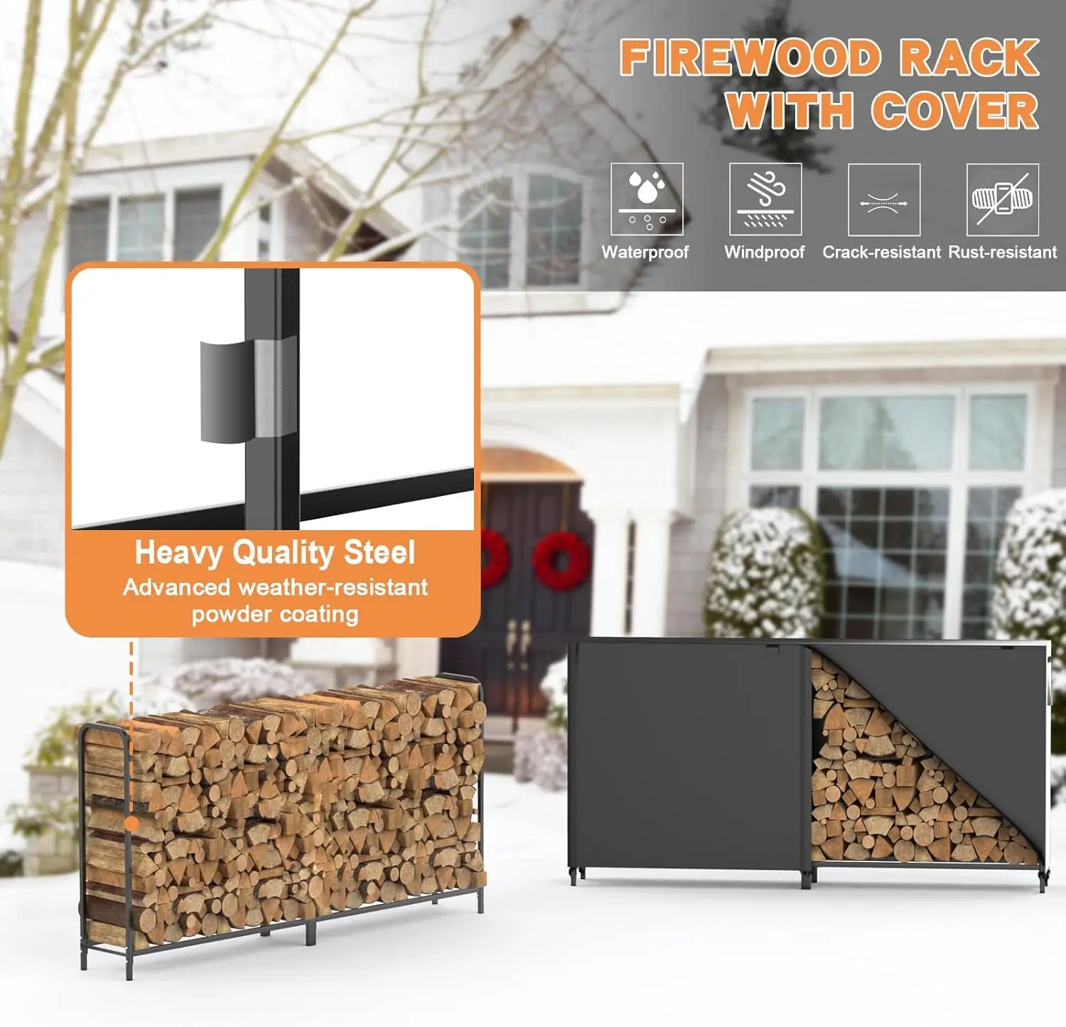Indoor/Outdoor 8ft Square Metal Firewood Rack with Cover, Heavy Duty
