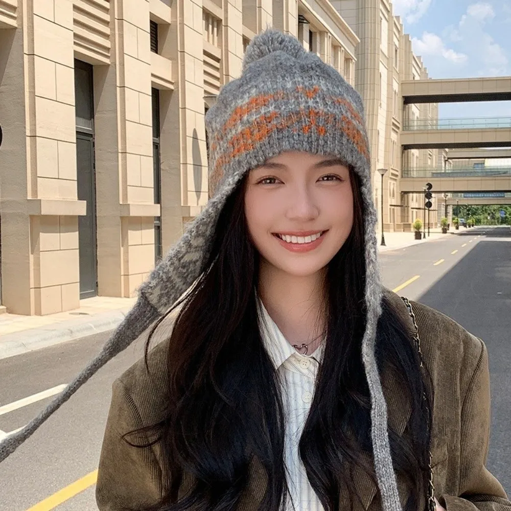

Casual Jacquard Knitted Beanies Caps Weave Y2k Ear Protection Cap Coldproof Keep Warm Women Wool Cap Girls