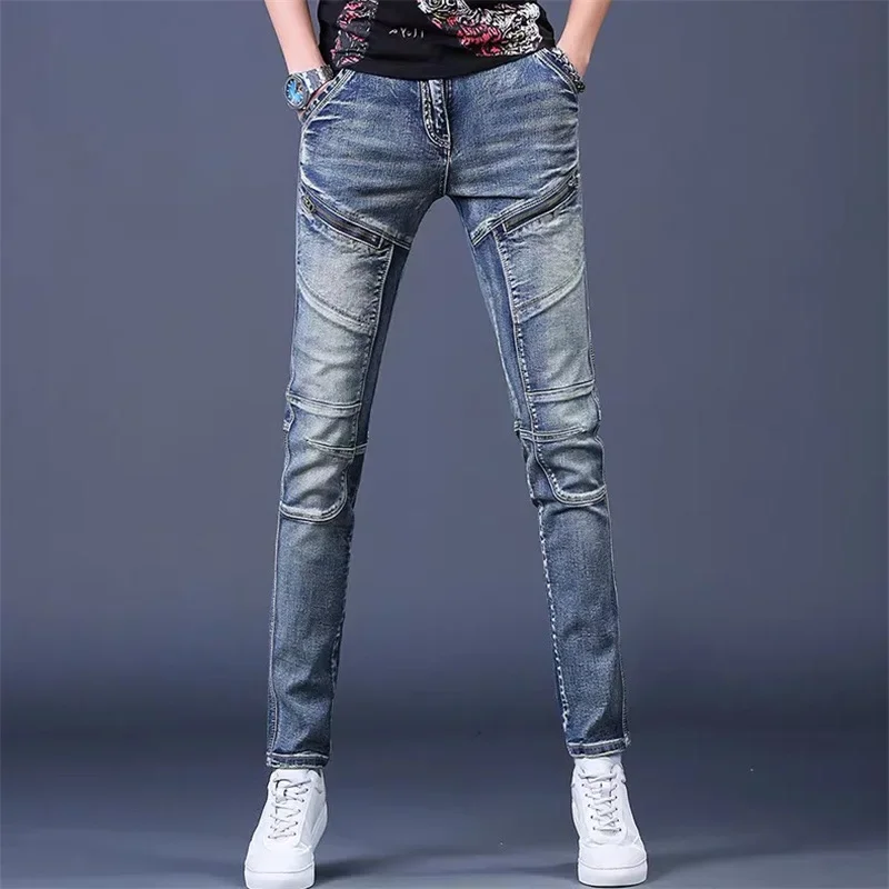 

Spring New Wash Jeans Korean Style Blue Splice Vintage Cargo Strech Pant Jean Trousers Streetwear Men Clothing Casual Pants Y2k