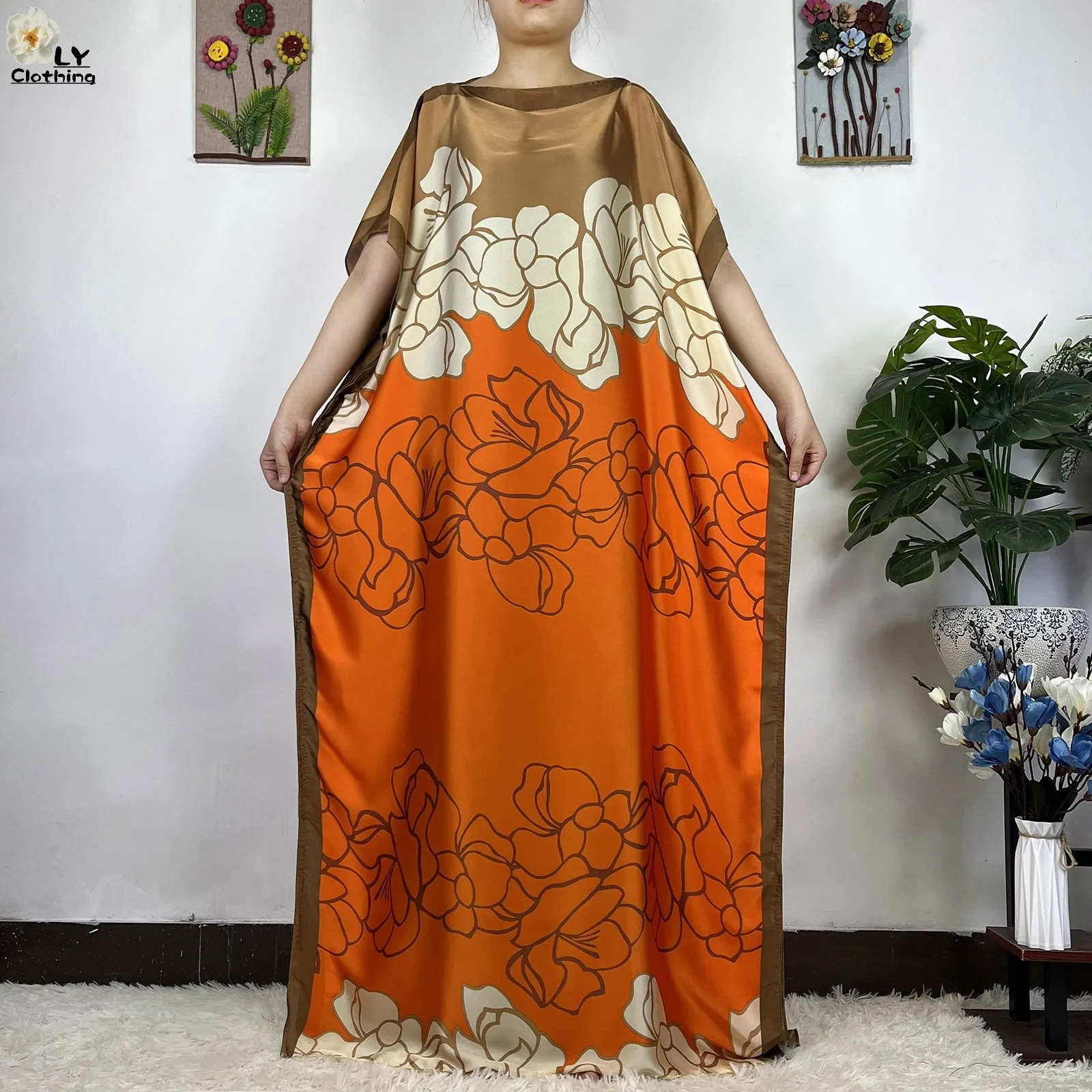 2023 New African Fashion Short Sleeve Colored Pattern Dubai Women Summer Real Silk Soft Printing Loose Tradition Muslim Dress