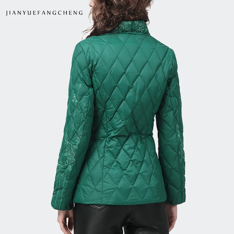 Vintage Embroidered Green Mid-Length V-Neck Women Down Jacket Winter Warm Lightweight White Duck Down Puffer Coat Cotton Jackets