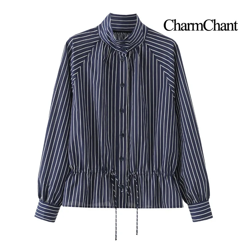 CHARMCHANT Women's Stand Collar Shirt Blouse Stripe Drawstring Waist Raglan Long Sleeve Button Down Top Daily Wear Fall 2026