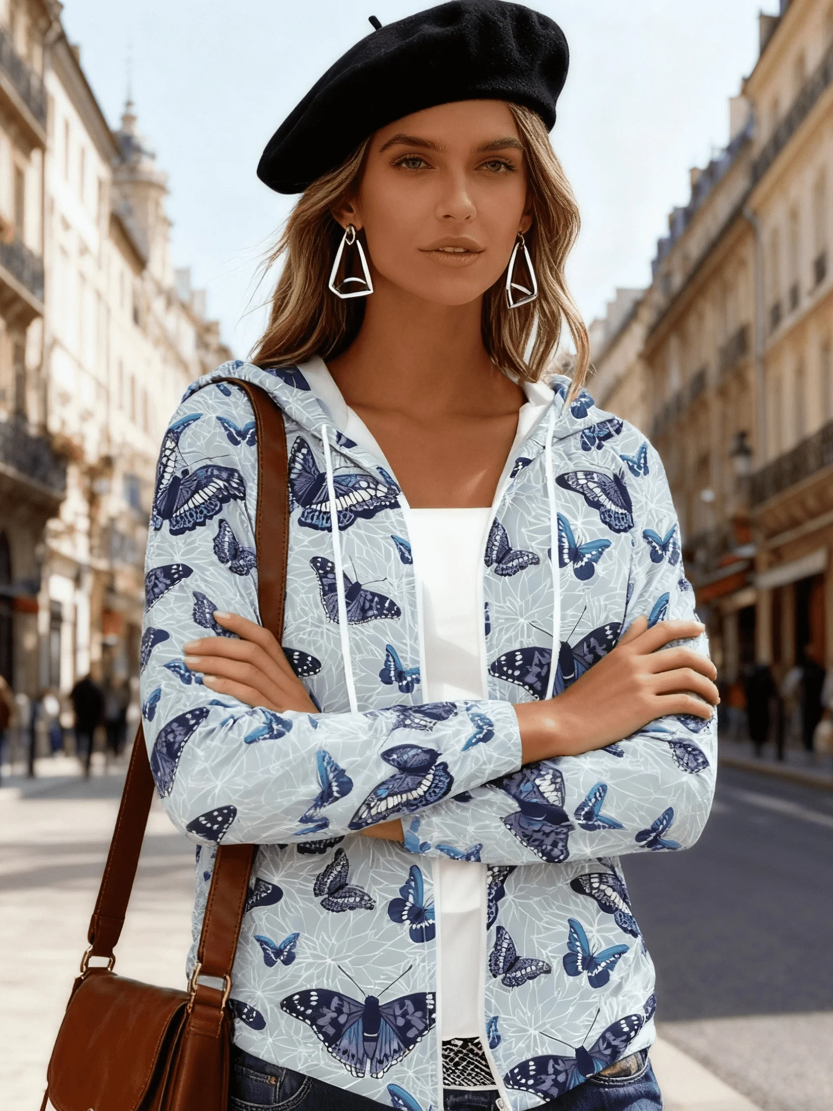 

Повседневная женская куртка с принтом в виде бабочек, весенне-осенний стиль, модный дизайн.