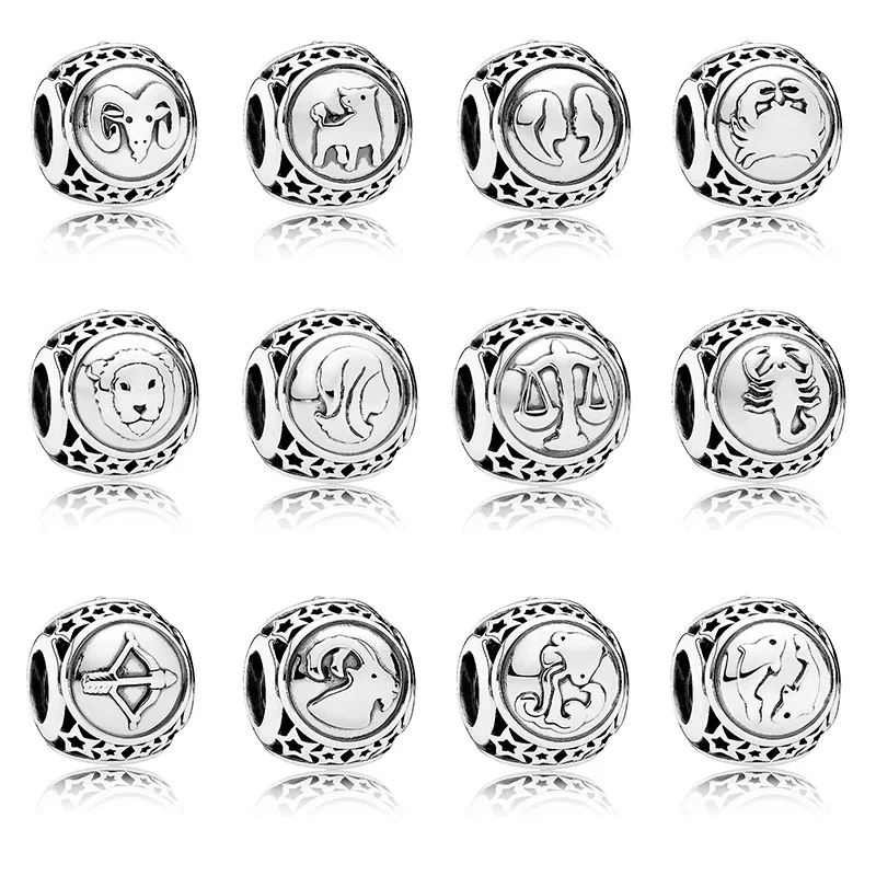 925 pure silver plated 12 zodiac charm Aries Sagittarius beads suitable for original Pandora bracelets DIY jewelry gifts