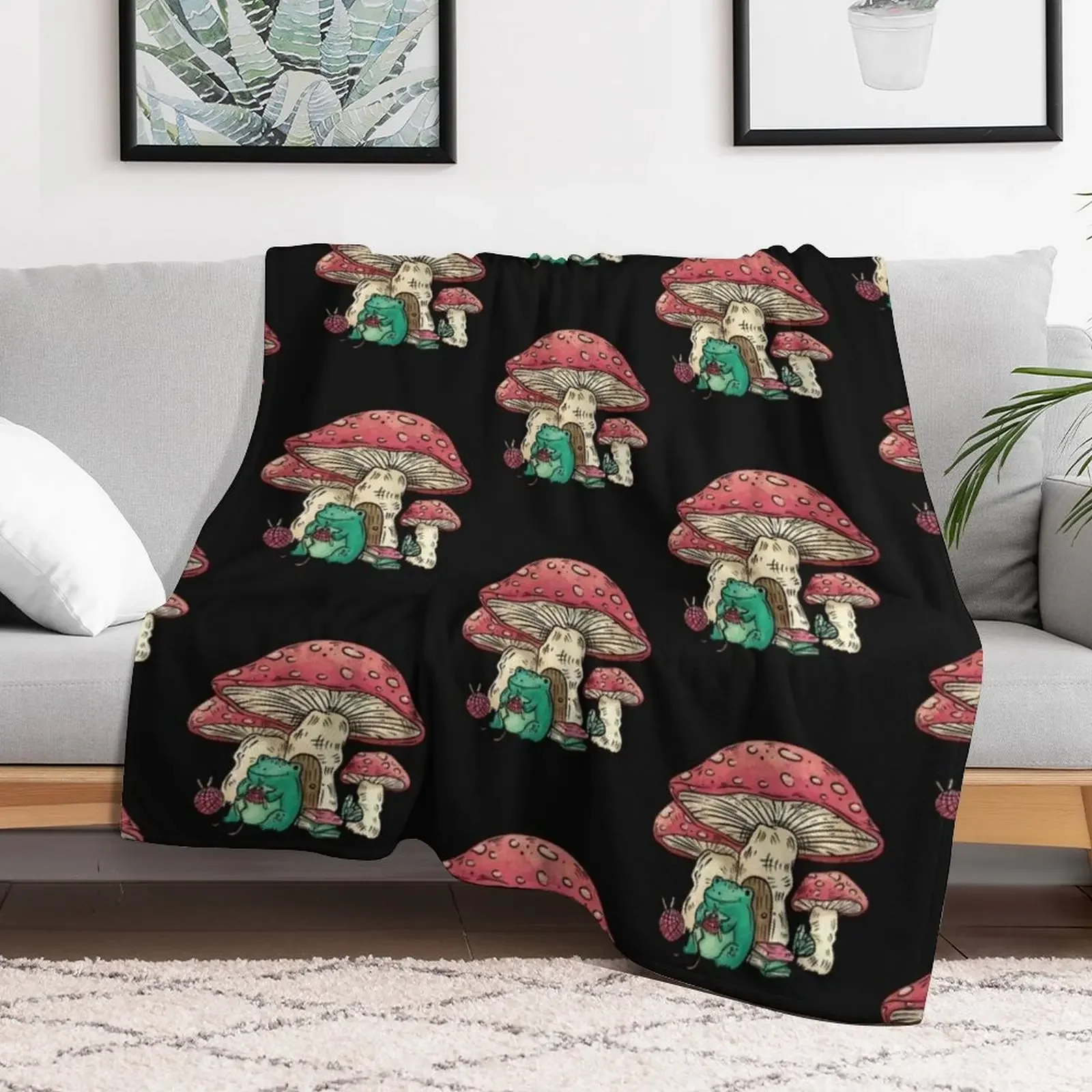 Frog sitting under a mushroom knitting, Cottage Core frog and mushroom, Cute frog and mushroom, Gift for people wh Throw Blanket