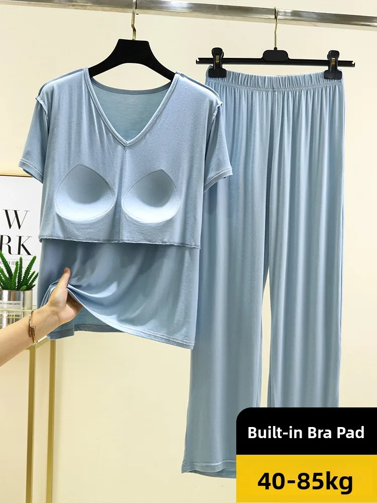 

Modal Home Clothes Set Summer Thin ort Sve V-ne Casual Large Size Air Conditioning Suit Pure Color Leisure Spwear