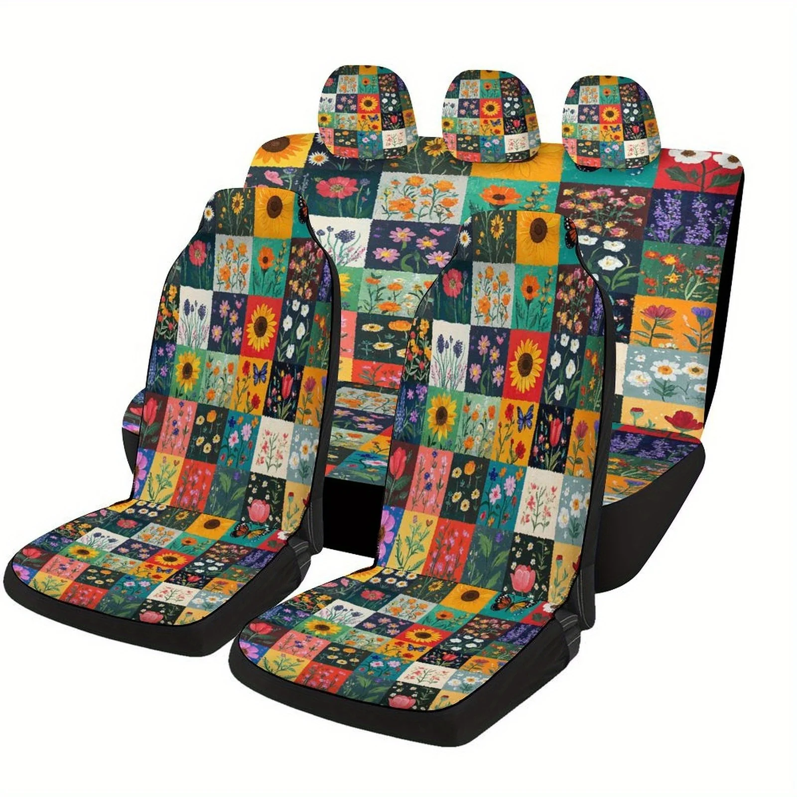 

Floral Patchwork Designed Car Seat Cover Set For Most Cars, Decorative High-quality Car Seat Protector Covers Full Set, Universa