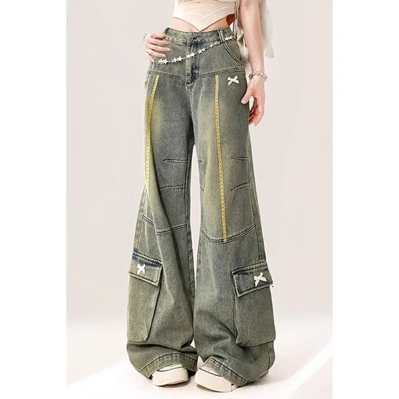 새로운 여성용 레트로 디자인 리본 청바지 가을 겨울 핫걸 롱 팬츠 패션 여성 캐주얼 하이웨이스트 데님 바지