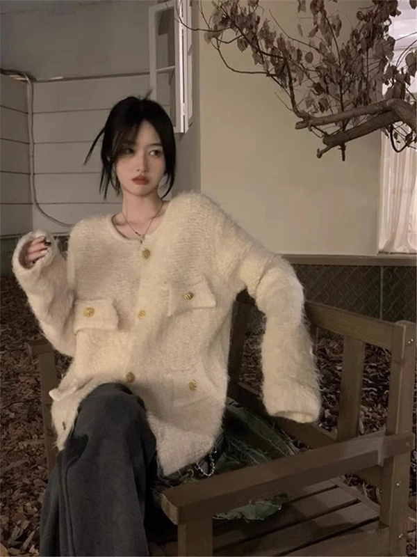 

Extra Large 300 Pounds Fluffy Knitted Sweater Women's Loose Cardigan Korean Style Autumn Outerwear Polyester Fiber Long Sleeve
