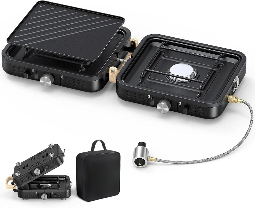 

NEW 2-Burner Foldable Camping Stove with Griddle (Textured & Smooth) and Carrying Bag, Portable Propane Camp Stove with 2 Adjust