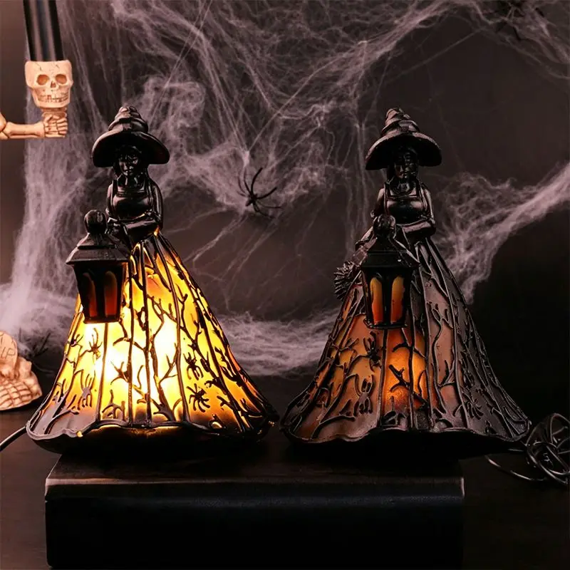 Halloween-Hexenlaterne, LED-Nachtlicht, Harzstatue, gotische Heimdekoration mit Besen für gruselige Partybeleuchtung, gotische Heimdekoration – Detail 2
