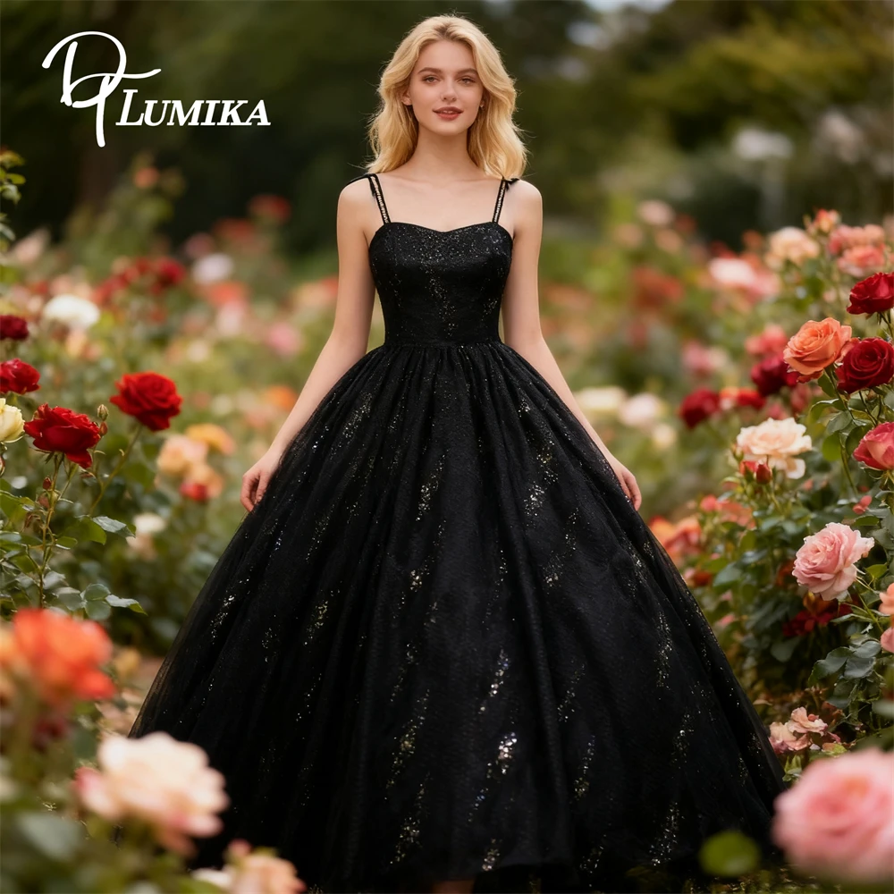 

DTLumika Spaghetti Straps Black Formal Dresses for Women, Elegant A Line Evening Dress Quinceanera Dresses Sweet 15 Party Gown
