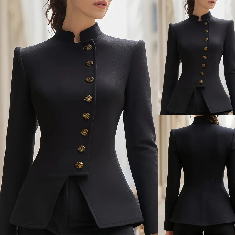 

Tinaa Slim Fit, черные куртки для женщин, осень-зима 2023, нерегулярное пальто со стойкой и длинными рукавами, золотыми пуговицами, элегантное уличное пальто 194617