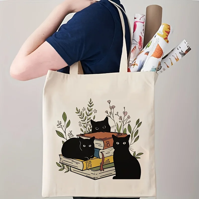 1 Black Cat and Book Floral Tote Bag - Reusable Shopping Bag, Double-Sided Printed Design, Beige with Black Cat and Book Illustration, Suitable for Women, Book Lovers, and High-Quality Gifts, Reader Gifts |   Flower Package |   Natural Colors, the Best Choice for Christmas