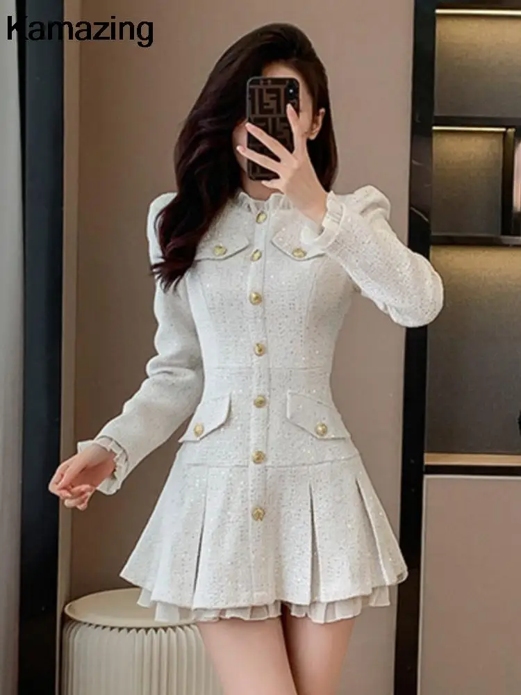 

French Vintage Tweed Short Dresses for Women Autumn New O-neck Pleated A-line Party Dress Korean Fashion Female Mini Vestidos