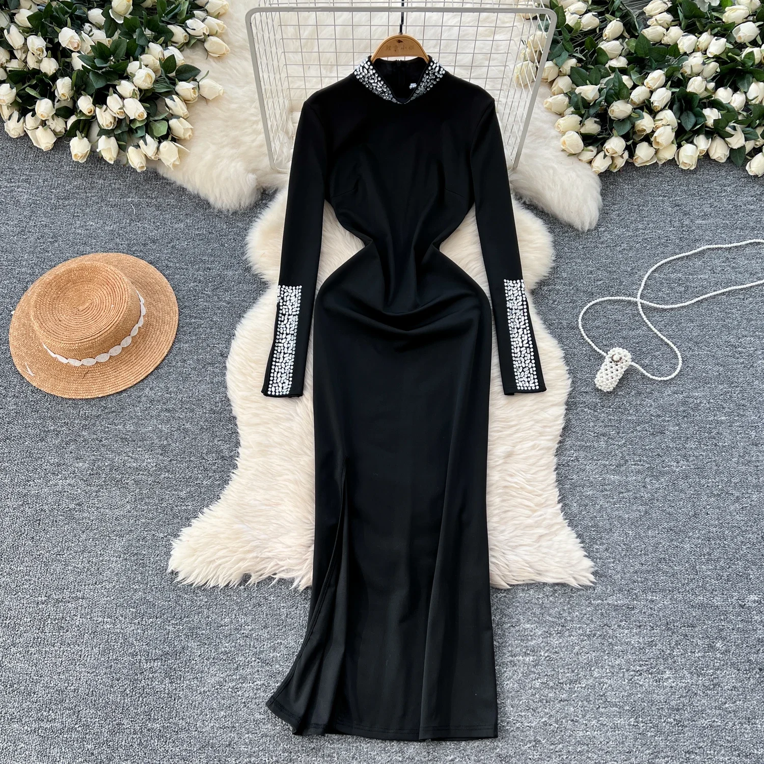 Elegant Long Sleeve Vintage Turtleneck Chic Rhinestone Slim Split Dresses French Sexy Evening High Street Autumn Winter Clothing